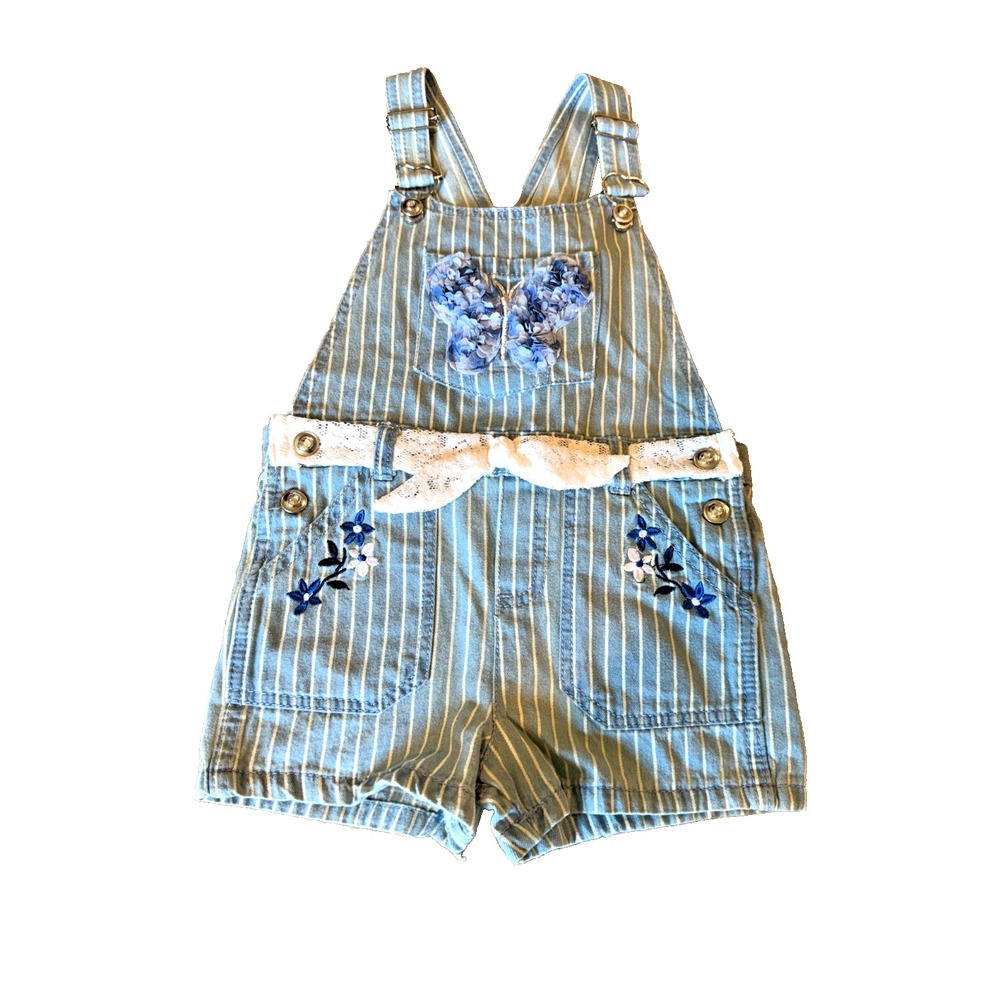 Striped Denim Short Overalls Floral Embroidery Girls 5 Butterfly Lace Belt